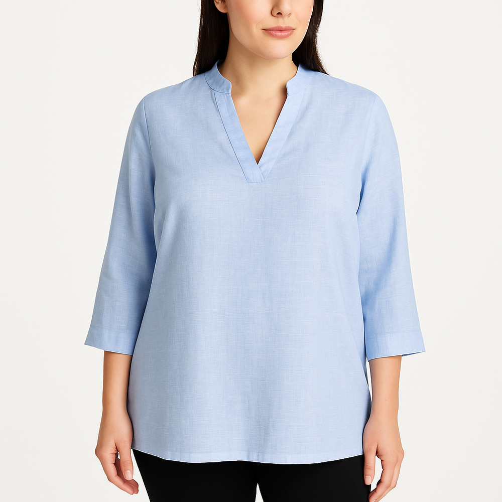 Tahari Light Blue‎ V Neck 3/4 Sleeve Tunic Blouse Womens Linen US XL